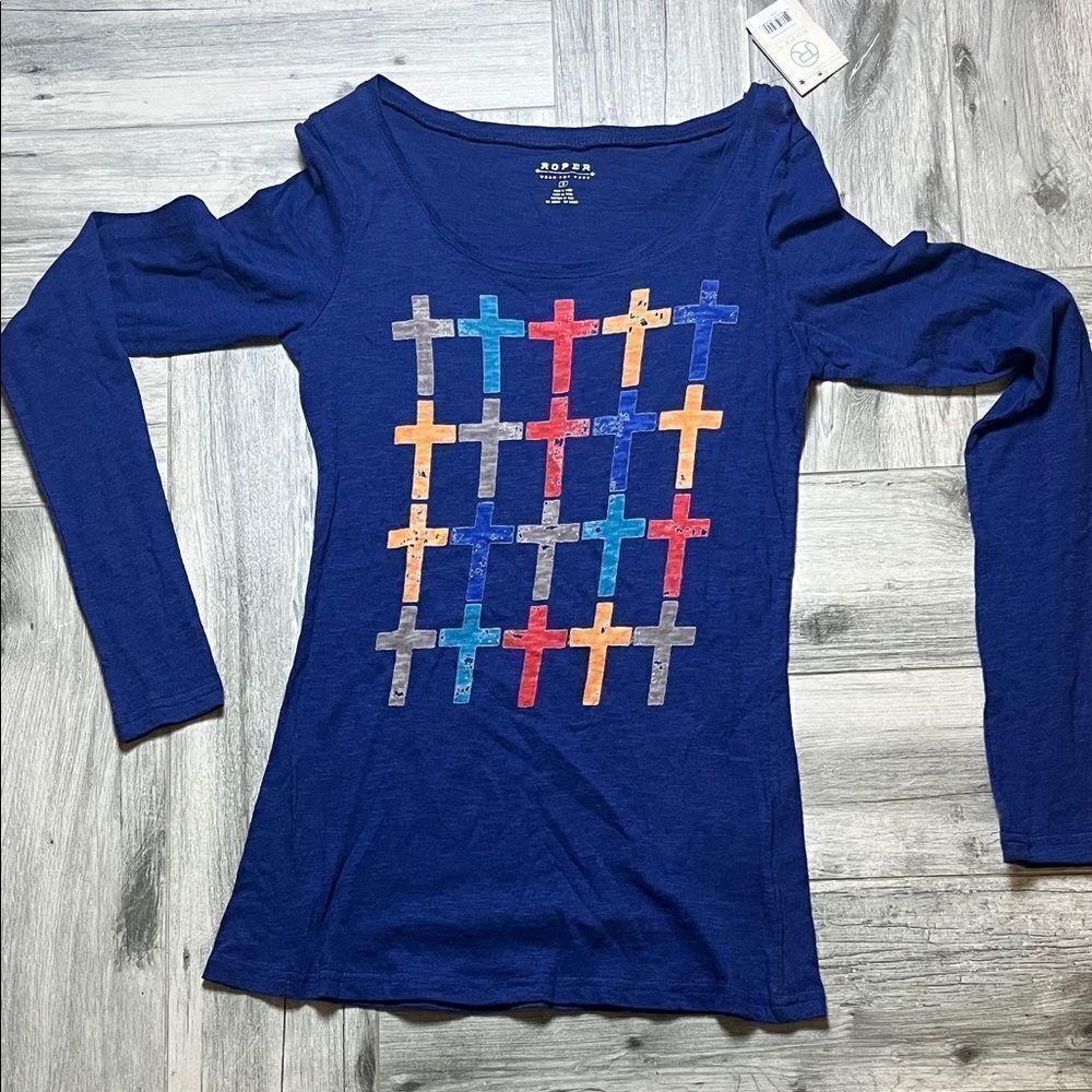 Roper Blue Long Sleeve Tee with Multicolor Crosses Small
